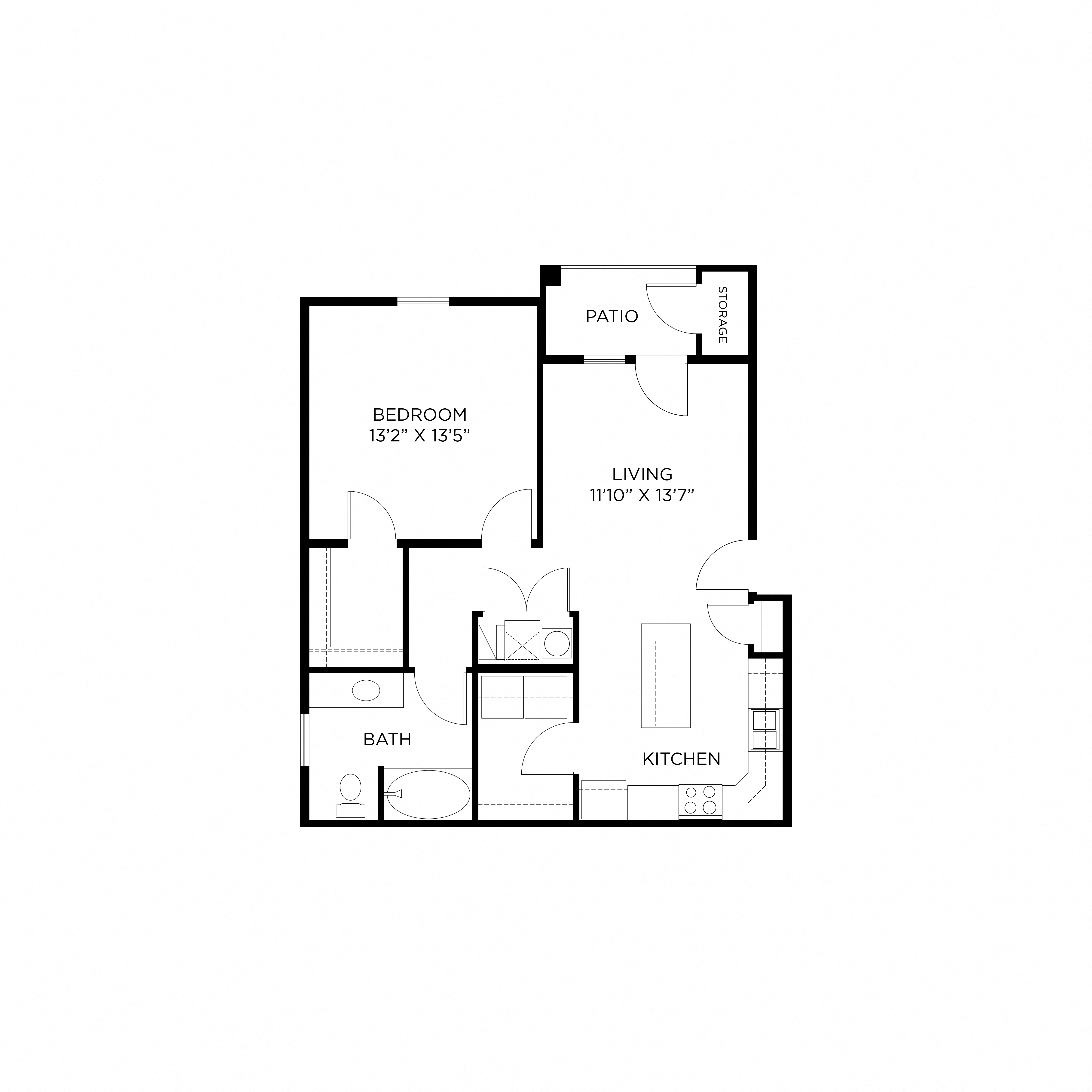 Floor plan for 1 bed, 1 bath, 812 sqft